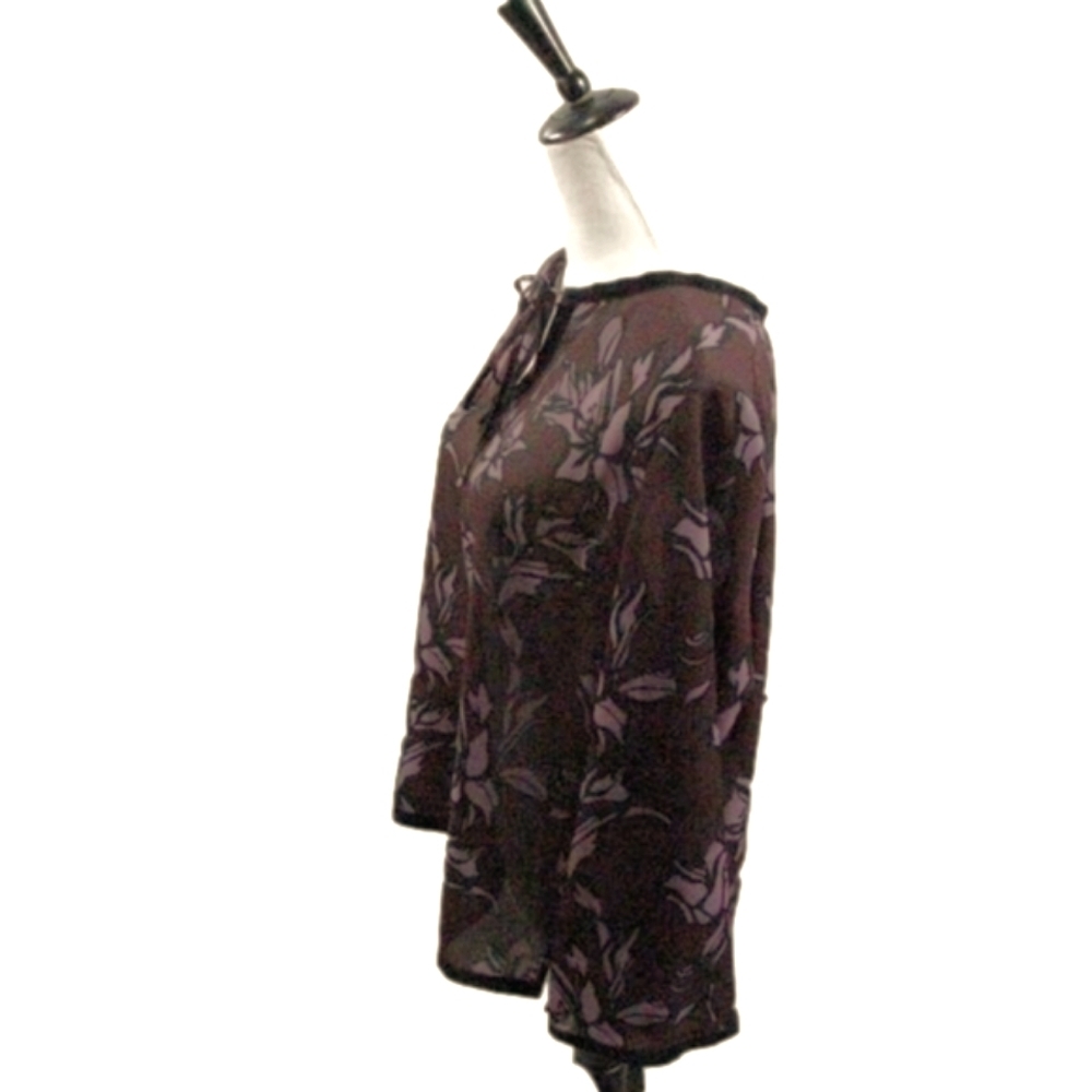 Gloria Vanderbilt Wine/Lilac Floral Semi Sheer Tie Front Blouse Size Large - Picture 3 of 6
